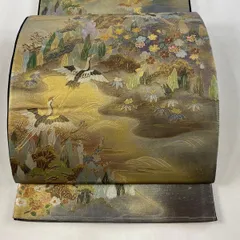 袋帯 名品 落款 建物 樹木 螺鈿 箔 鶯色 お太鼓柄 正絹 【中古】