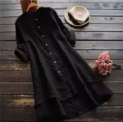 チュニック ロングシャツワンピース シャツブラウス 長袖 シャツワンピース チュニックシャツワンピ 綿麻調 膝丈 ワンピース レディース 夏春 秋 トップス 綿混紡 大きいサイズ ゆったり 体型カバー ママコーデ カジュアル   黒