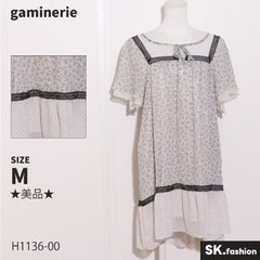 ★美品★ gaminerie ギャミヌリィ ワンピース　膝丈　半袖　花柄　ドット柄　リボン　レース　裏地付き　森ガール 　ホワイト　ピンク　 【H1136-00】 送料無料　古着　レディース