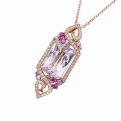 新品同様 クンツァイト14.25ct / サファイア0.80ct / ダイヤモンド0.57ct K18PG ペンダント ネックレス ブローチ  ピンクゴールド ダイヤ ジュエリー 0036【中古】レディース