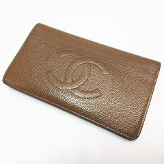●CHANEL シャネル キャビアスキン 二つ折り 長財布 ココマーク シールあり ブラウン 茶系 財布 レディースD142B ★3750
