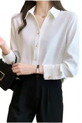 [ネコート] シャツ レディース ブラウス マットサテン Vネック フォーマル オフィスカジュアル ビジューボタン 長袖 春 秋 ホワイト M [ホワイト] [M]