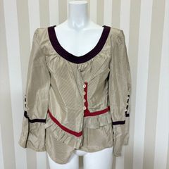 ★ MARNI マルニ シャツ ストライプ フリル シルク混 変形シャツ ベージュ ブラウン×赤ライン サイズ:40表記 NO149