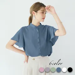 ラッフルスリーブ ブラウス レディース 半袖 シフォン トップス スタンドカラー 透け感 袖フリル 楊柳 シャツ きれいめ 仕事 可愛い  ◾️blue◾️ 【送料無料】【数量限定】【安心/安全・追跡可能配送】 ♠のサムネイル