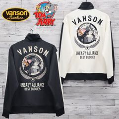 新品 メンズ バンソン VANSON トムとジェリー トムジェリ TOM & JERRY コラボ トラックジャケット ジャージ  アウター ジップアップ 刺繍 ロゴ ユニセックス レディース ナチュラル アイボリー 黒 ブラック