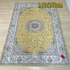 プリント ラグマット　140×200㎝　1.5帖　ゴールド　光沢　軽い　アンティーク調　ペルシャ風　じゅうたん　絨毯　金　黄色