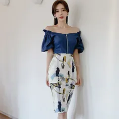 【グラシア】キャバドレス ミディアムドレス セットアップ ツーピース パフスリーブ オフショルダー ハイウエスト キャバ嬢 キャバクラ ラウンジ 半袖 ストレッチ スリット フリル 膝丈 レディース