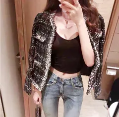 ツイードジャケット　ノーカラージャケット　ブラック　黒　普段着　フォーマル　ジャケット