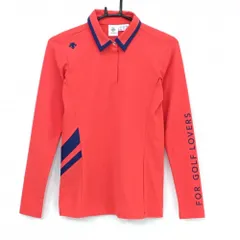 【美品】デサントゴルフ 長袖ポロシャツ レッド系×ネイビー スナップボタン 袖ロゴ 中田英寿 レディース M ゴルフウェア DESCENTE