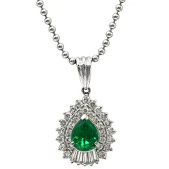 ネックレス エメラルド ダイヤ ペンダント Pt900 エメラルド ダイヤモンド Pt850(チェーン) エメラルドグリーン×プラチナシルバー 緑 パヴェダイヤ ドロップ しずく型 プラチナム 【中古】