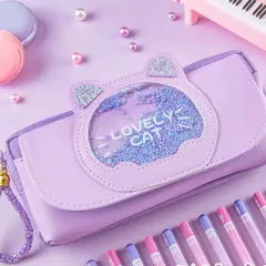筆箱　ペンケース　キラキラ　ネコ　女の子　女子　ポーチ　化粧ポーチ　小物入れ　可愛い　ストラップ付き