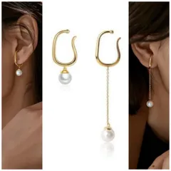 アシンメトリー☆揺れるパールのイヤーカフ／ゴールドカラーイヤカフ真珠