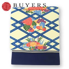 【中古】 名古屋帯 九寸 正絹 青 赤 黄 緑 京紅型 名古屋仕立 花柄 和装 呉服 和服 きもの レディース 女性