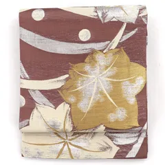  夏帯 丸帯 夏用 正絹 六通柄 灰紫 葉 レトロ 長さ414cm 幅31cm リサイクル 和装 礼装 フォーマル 着物 仕立て上がりリサイクル帯 即日発送