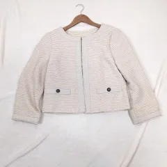 【グリーンレーベル】ノーカラージャケット　ツイード　白　ベージュ　40 L　フォーマル　七五三　参観日　入学式　卒業式　セミフォーマル