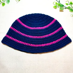 SS-22 春夏用 クラッシャーハット コットン バケットハット ビーニー 男女兼用  ハンドメイド 手編み  クロシェハット ネイビーXピンク