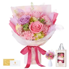 【新着商品】女性 人気 母の日 枯れない花 ブーケ 花瓶付き 誕生日 香りあり 4本薔薇 敬老の日 花束 ピンクとパープル プレゼント プリザーブドフラワー