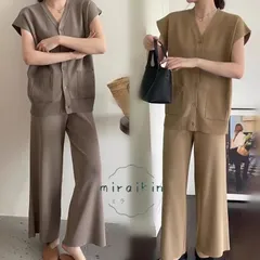 新品! セットアップ レディース 夏 ニット フレンチスリーブ トップス ワイドパンツ 50代 40代 30代 20代 ボタン ポケット 半そで 上下セット ルームウェア kkkgnp