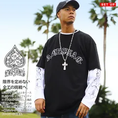 ACE FLAG セットアップ 重ね着 半袖 Tシャツ 長袖 ロンT コットン メンズ 黒 大きいサイズ エースフラッグ レイヤード ピンストライプ 袖ロゴ ライン ローライダー チカーノ b系 ヒップホップ AF-SE-LT-089