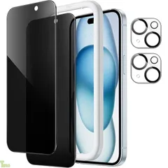 JEDirect iPhone 15 Plus 6.7インチ用 プライバシー保護フィルム+カメラレンズフィルム 覗き見防止 強化ガラスフィルム ガイド枠付き 2枚+2枚セット1