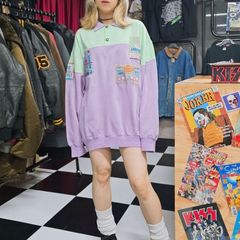 【US古着】Retro Sport Patchwork Polo shirt   / レトロ スポーツポロ 長袖 ポロシャツ ワッペン ツーバイカラー パステルカラー パープル グリーン ビックサイズ オーバーサイズ XL