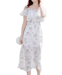 [Four leaf] 肩出しワンピース 小花柄 清楚ワンピ 涼感ドレス 軽やか素材 リゾートコーデ 夏デート服 ウエストゴム仕様 Aライン ビーチリゾート ミモレ丈 (JP, アルファベット, M, ホワイト) [ホワイト] [M]