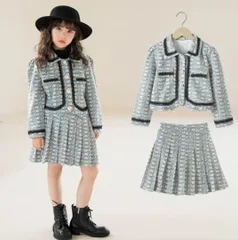 入学式　女の子　120cm 　130cm フォーマル　セットアップ　ツイード　キッズ　長袖  卒園式　結婚式　発表会　プリーツスカート　襟付きジャケット　きれいめ　綺麗め　かわいい可愛い　おしゃれお洒落　上品　2点セット　水色パステルカラー　ウエストゴム