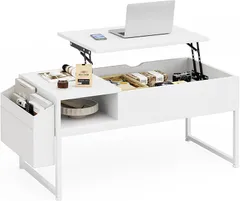 IKIFLY ローテーブル 昇降式 コーヒーテーブル 木製 リフティングテーブル 多機能 リビングテーブル 高さ調整 センターテーブル 簡単開閉 ガス昇降式 ダイニングテーブル(ホワイト,  幅90x奥行45)