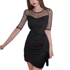 [Kanoan] シースルー ミニ ワンピ レディース セクシー タイト キャバ 嬢 ドレス ワンピース ボディコン 半袖 五分袖 パーティ フリル カシュクール スカート (S, ブラック) [ブラック] [S]