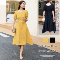 パフスリーブワンピース 半袖 レディース ワンピース 無地 スクエアネック ボリューム袖 可愛い