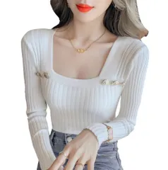 春秋 レディース リブニット トップス スリムフィット シャツ ブラウス