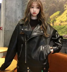 ライダースジャケット レディース 春秋 冬 黒 フェイクレザー アウター ビッグサイズ ゆったり 韓国風 体型カバー 通勤 学生 バイク風 コーデ おしゃれ カジュアル