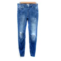 ザラウーマン ZARA WOMAN デニムパンツ ジーンズ スキニーパンツ ロング丈 カットオフ ウォッシュ加工 ダメージ加工 6 M 青 ブルー /HO23