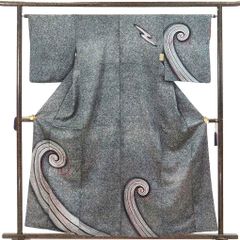 訪問着 身丈160cm 裄64cm 前幅24cm 後幅29.5cm 袖丈49cm 袖幅32.5cm レディース 袷 抽象柄 裄Mサイズ 秋冬春用 正絹（シルク）ブラック 美品 リメイク リユース リサイクル【呉服のきくや】