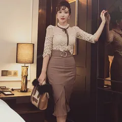 【グラシア】キャバドレス ミディアムドレス セットアップ ツーピース ハイウエスト タイト キャバ嬢 キャバクラ ラウンジ 五分袖 ガーリー リボン レース 膝丈 レディース