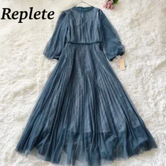 新品未使用 タグ付き Replete 長袖  ロングワンピース チュールレース レースワンピース プリーツワンピース透け感 シアー  モスグリーン 結婚式 パーティ 二次会 食事会  9号