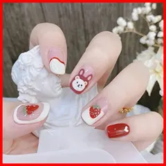 【再販】花火大会 成人式 入園式 卒業式 入学式 二次会 お花見 パーティー 披露宴 赤いイチゴの模様 くまちゃん 取り外しのできるネイルチップ 可愛い動物柄 24Pcs