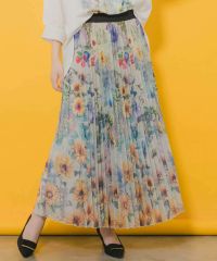 ISScoLar（イズスカラー）ヒマワリ柄プリーツメッシュスカート　アイボリー、ブラック、グリーン　552238