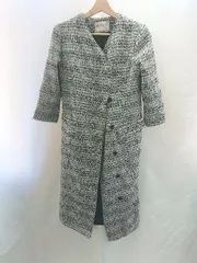 ■ ⊇ dress lab ツイード柄 ラメ入り 長袖 ノーカラーコート サイズL ブラック ホワイト レディース E  【1409100028904】
