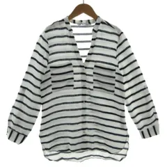 ザラ ZARA シャツ V襟 長袖 袖ロールアップ リネン100％ ボーダー ホワイト 白 ネイビー 紺 XS