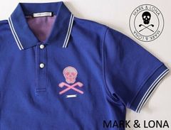 中古品★MARK&LONA マーク＆ロナ★ホノルルハワイ アイアンスカルロゴ半袖ポロシャツ46★M【MLM-9A-AP04HWI】ブルー青【本物保証】HAWAII