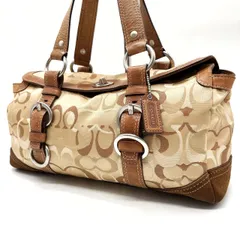 ✨良品✨ COACH コーチ トートバッグ ハンドバッグ  ターンロック フラップ バックル シグネチャー 総柄 ロゴ型押し シルバー金具 チャーム 肩掛け ナイロン スエード レザー  レディース ベージュ 肌色 ブラウン 茶色