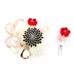 髪飾り 成人式 水引 つまみ細工 赤 振袖 前撮り 袴 花 2点セット 白 黒 ゴールド ちりめん 剣つまみ 玉飾り 和柄 ラインストー No.12-0342
