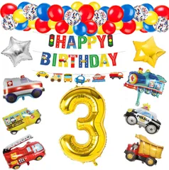 【人気商品】飾り付け 男の子 バルーン 数字 3歳 バースデーバルーン 誕生日プレゼント 誕生日 風船 車 パーティー飾り 人気 高級気球車両 列車 警察車両 トラック 救急車 バスヨット 消防車 51点セット