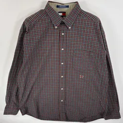 古着 90's/90年代 トミーヒルフィガー TOMMY HILFIGER 長袖シャツ ボタンダウンシャツ ワンポイント 刺繍 ロゴ 胸ポケ L  グリーン系 チェック メンズ