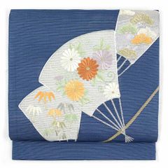 名古屋帯 幅30cm 長さ364cm レディース 扇面 夏用 正絹（シルク）ネイビー 美品 リメイク リユース リサイクル【呉服のきくや】