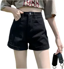 AQUA Marine ハイウエストデニムショートパンツ ショーパン 美脚 脚見せ カジュアル 黒デニム 韓国ファッション ボトムス ストリート系 着回し(ブラック,  M)