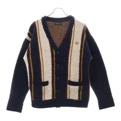 FRED PERRY (フレッドペリー) ローレル刺繍 ワイドストライプ ストレッチ シャギー ブレンドウール ニットカーディガン ブラック FZ3256