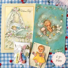 海外 ヴィンテージ ベビーグリーティングカード&ベビーシャワープラパーツ セット ジャンクジャーナル素材 紙モノ イエロー