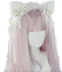 TOCOHCM ネコ耳 ヘッドドレス ロリータ かわいい メイド カチューシャ リボン コスプレ 3WAY クリーム 白( クリーム（白）)